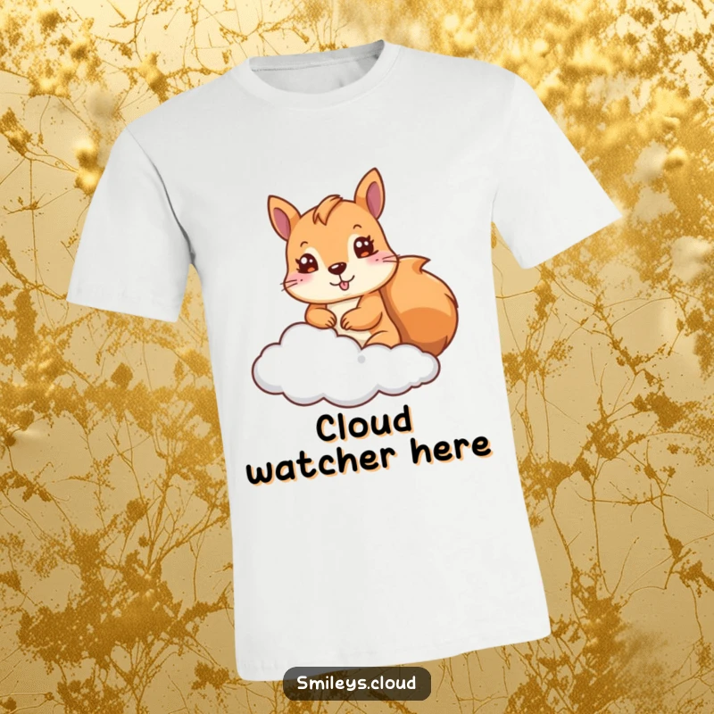 Funny Squirrel T-Shirt: A cute squirrel peeks playfully from behind a fluffy cloud, a charming and humorous design for everyone.
