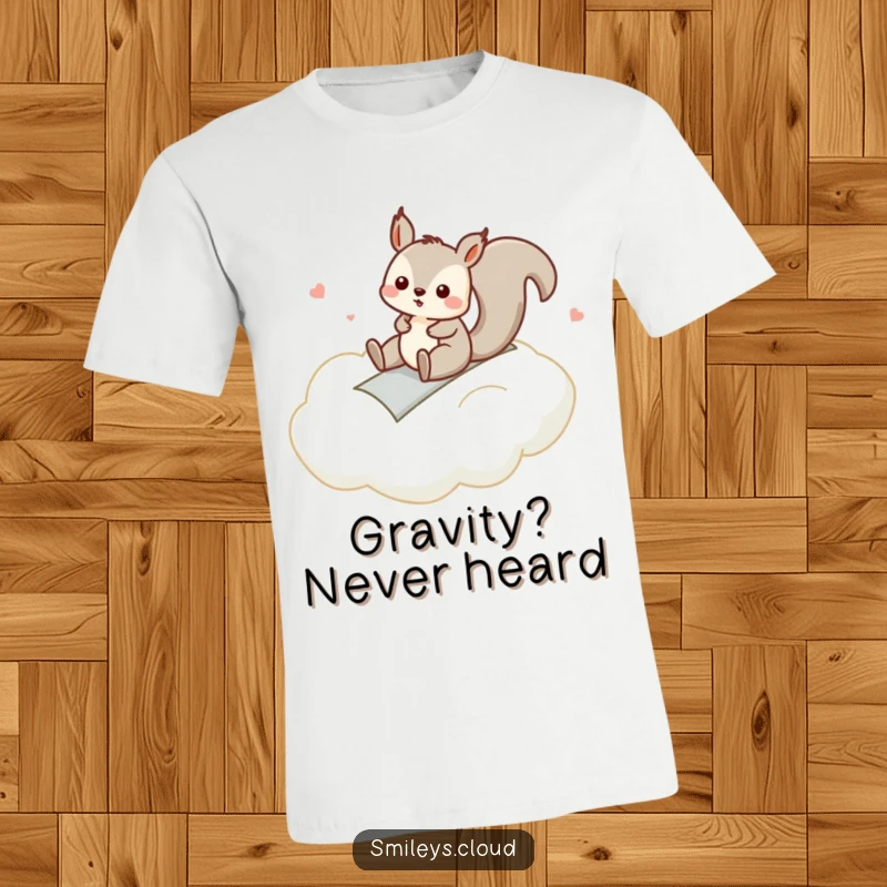 Funny t-shirt depicting a silly squirrel sliding down a cloud with pure exhilaration, capturing a moment of joyful play.