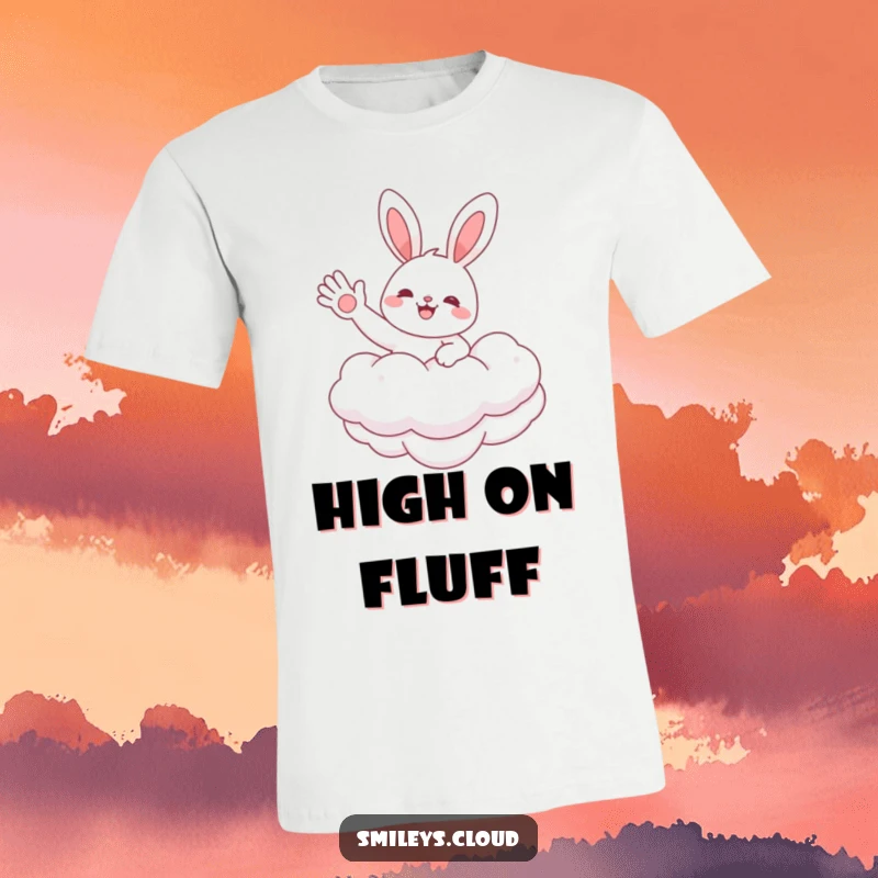 Funny t-shirt with a cheerful bunny character floating serenely on a fluffy cloud, waving hello with a friendly and happy demeanor.