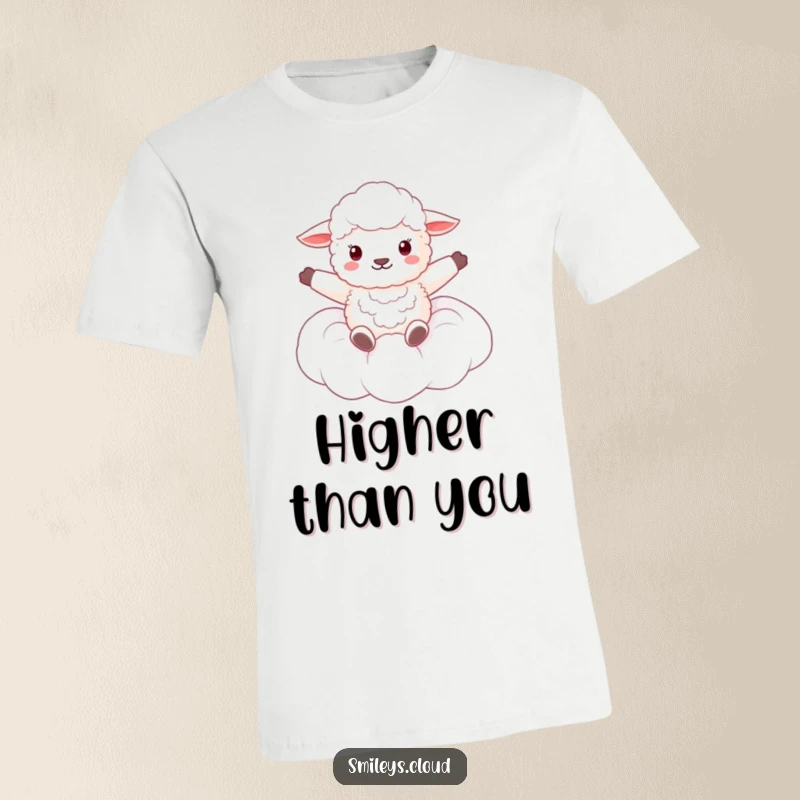 Funny t-shirt displaying a fluffy sheep joyfully floating on a cloud, arms wide open in a gesture of freedom.