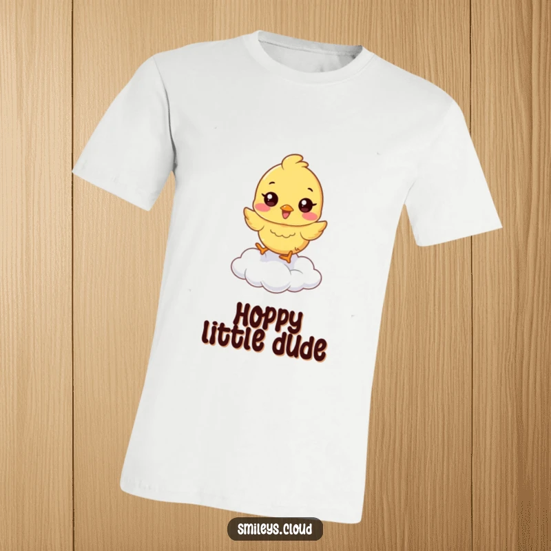 Funny chick t-shirt with a happy chick bouncing on a cloud, a humorous and uplifting graphic.