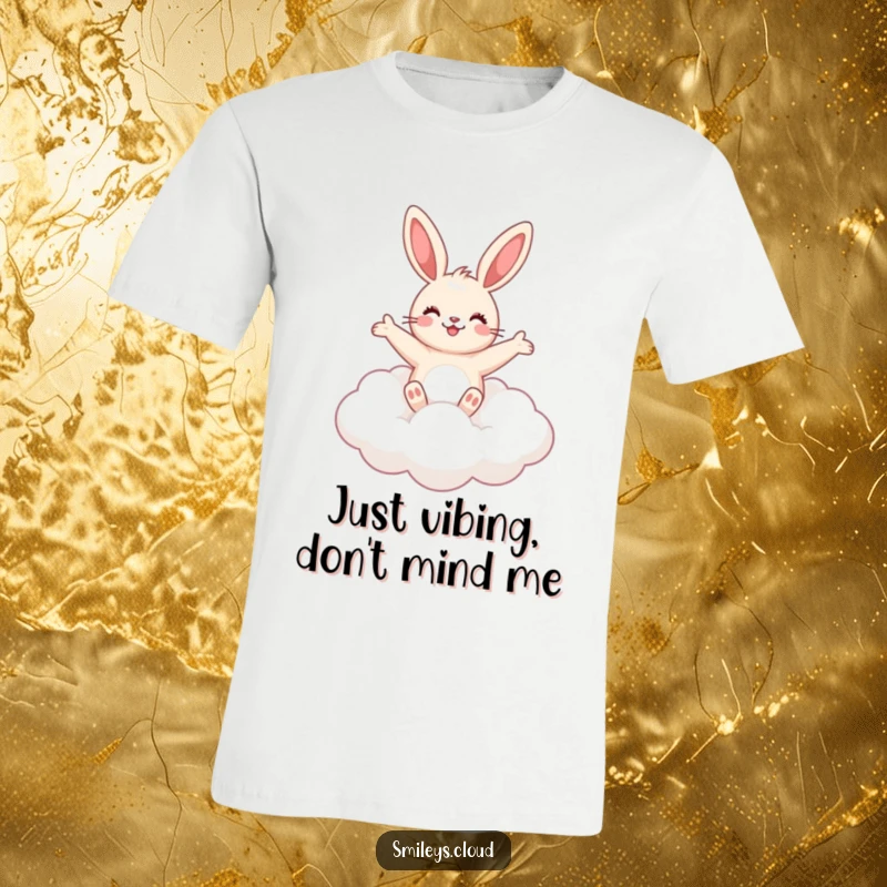 Funny cute bunny joyfully floating on a fluffy cloud, arms outstretched, on a soft t-shirt.