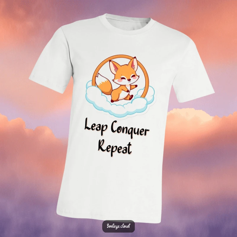 Funny fox t-shirt featuring a dynamic fox jumping through a cloud-shaped hoop with agility and a playful expression.