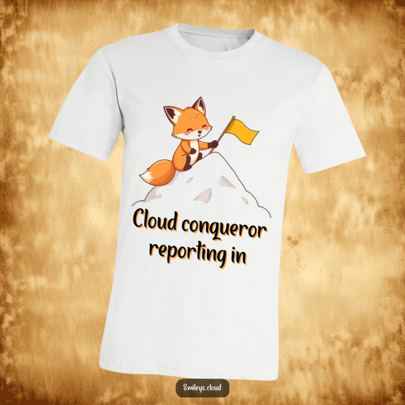 Funny t-shirt with a determined fox character plantiing a tiny flag on a cloud peak, expressing ambition and funny perseverance.