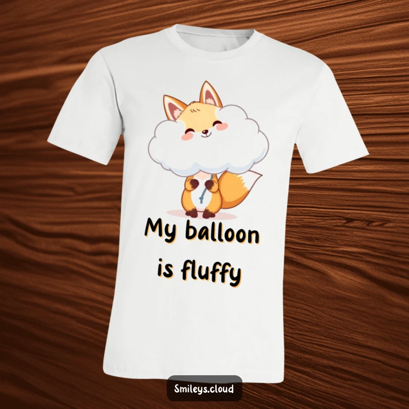 Funny fox t-shirt, a cheerful fox holding a fluffy cloud as a balloon, symbolizing happiness and whimsical adventures.