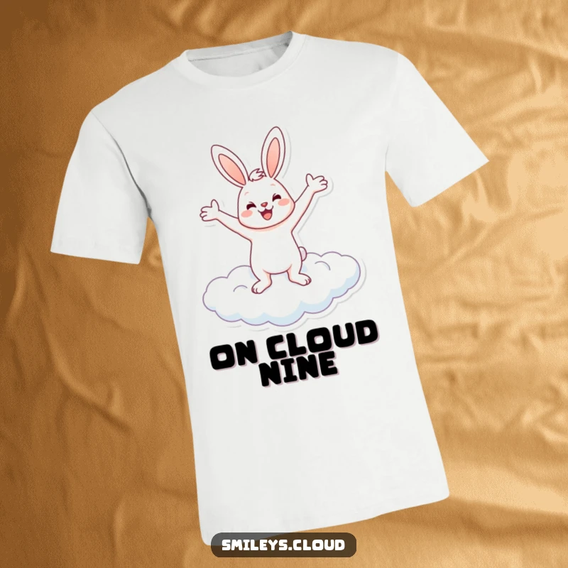Funny t-shirt graphic of a cheerful bunny balancing joyfully on a cloud with arms wide, embodying funny freedom.
