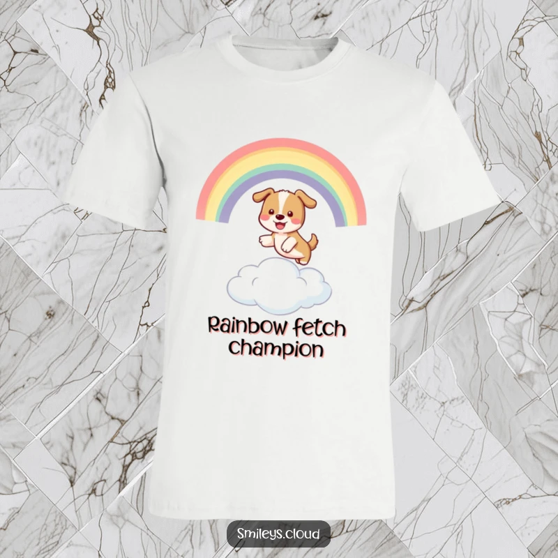 Funny t-shirt graphic of a happy dog leaping through a colorful rainbow over a fluffy cloud, showing funny exuberance.