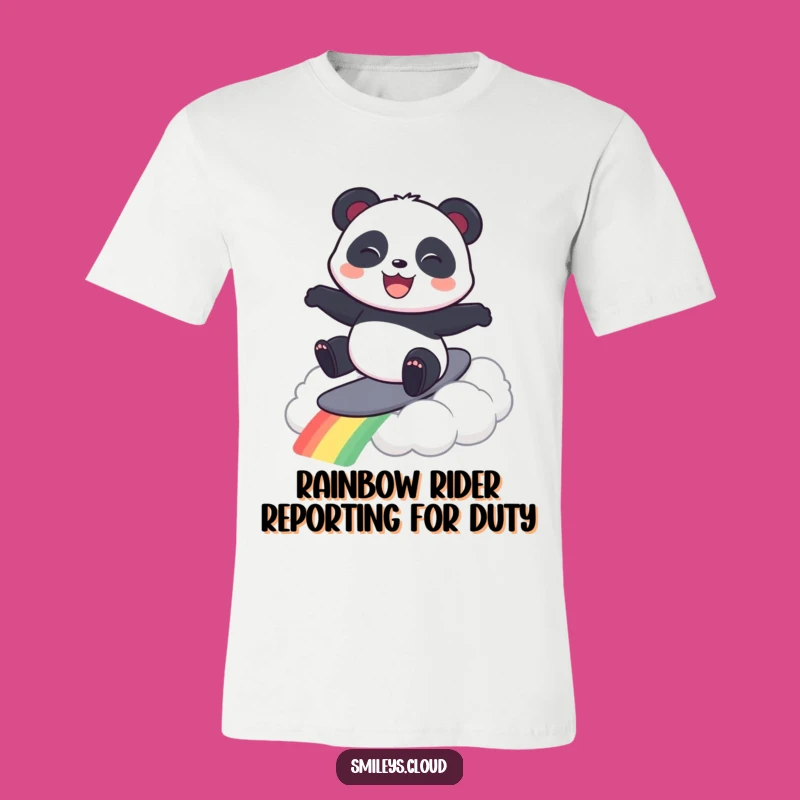 Funny Panda Surfing Rainbow Cloud T-Shirt - Awesome Graphic Tee Gift