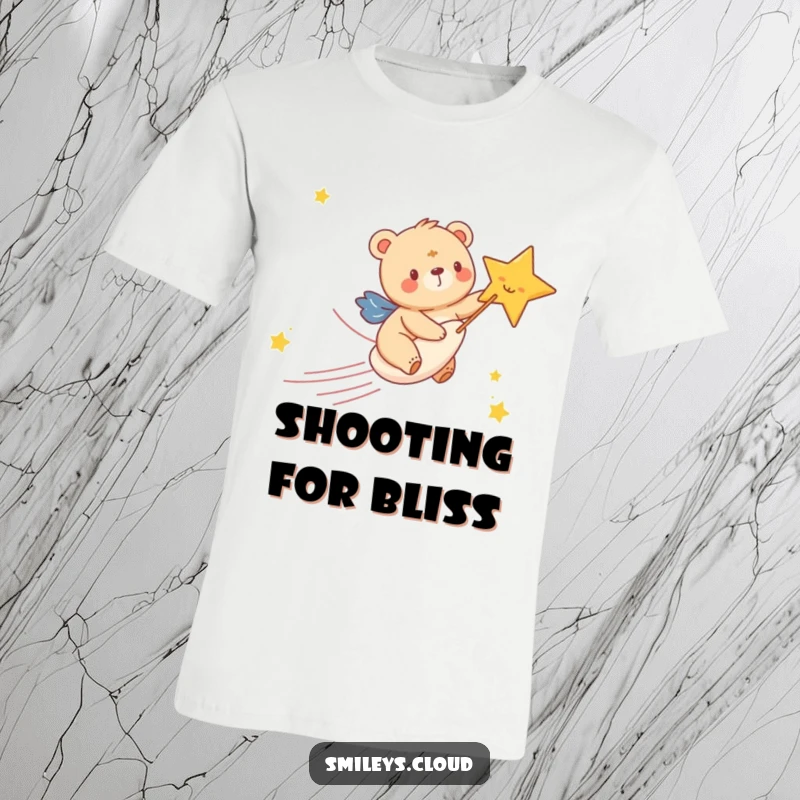 Funny t-shirt depicting a happy bear cub joyfully riding a streaking shooting star, conveying a sense of wonder and fun.