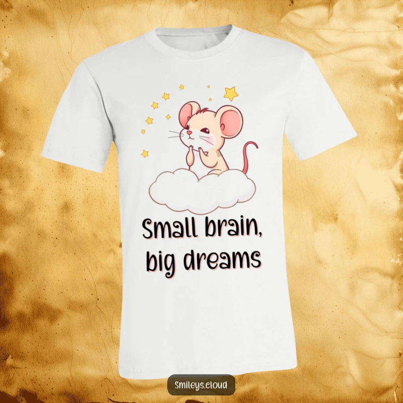 Funny t-shirt showing a pensive mouse observing stars from a cloud, capturing a sense of wonder and contemplation.