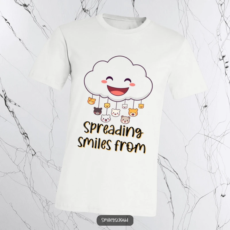 Funny t-shirt featuring a grinning cloud character showering the world with small, adorable, happy animal faces.