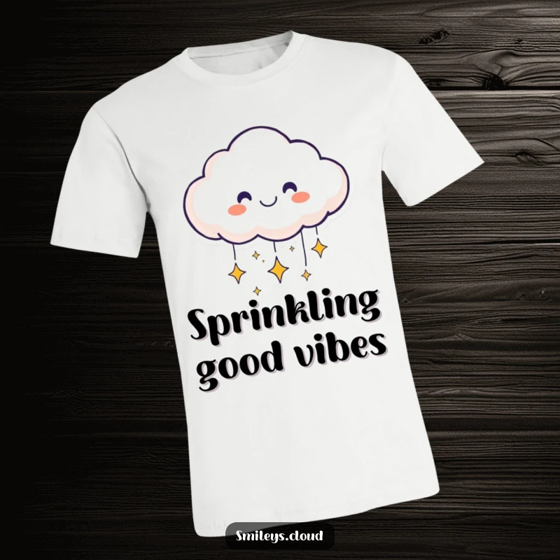 Funny smiling cloud character t-shirt showering little sparkling stars, ideal for dreamers and celestial fans.