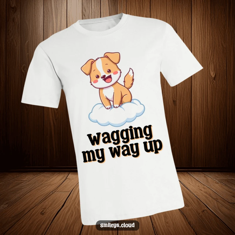 Funny cheerful dog wagging its tail while sitting on a fluffy cloud, featured on this fun t-shirt.