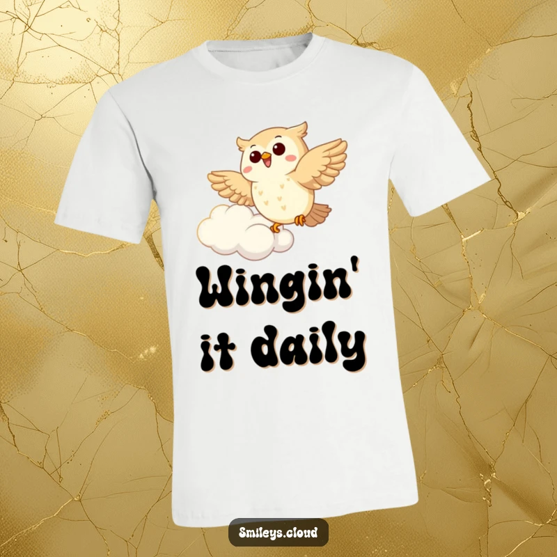 Funny Owl T-Shirt: A joyous owl joyfully soars next to a soft, fluffy cloud, capturing pure delight and freedom in this cute tee.