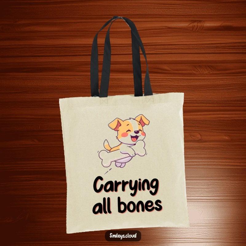 Funny tote bag with a giggling dog chasing a cloud shaped like a bone, perfect for carrying pet supplies with humor.