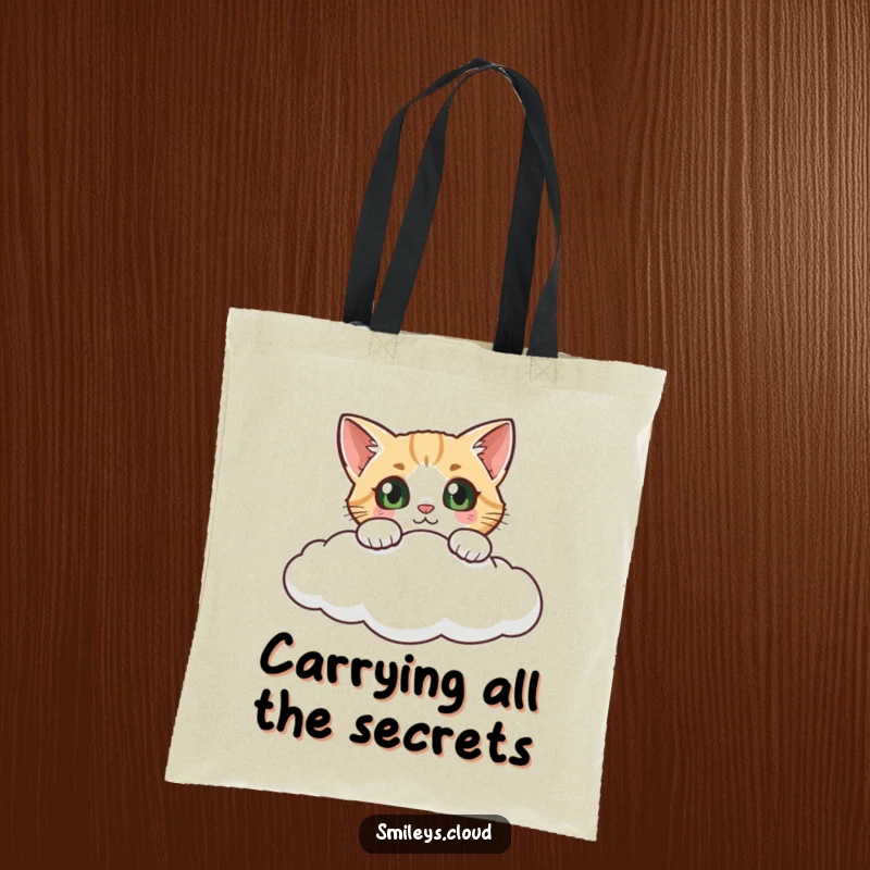 Funny cat tote bag, a curious cat peeking over a cloud edge, designed for carrying essentials with whimsical humor.