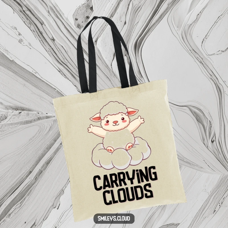 Funny tote bag featuring a fluffy sheep floating on a cloud with arms spread wide, symbolizing freedom, peace, and dreamy relaxation.