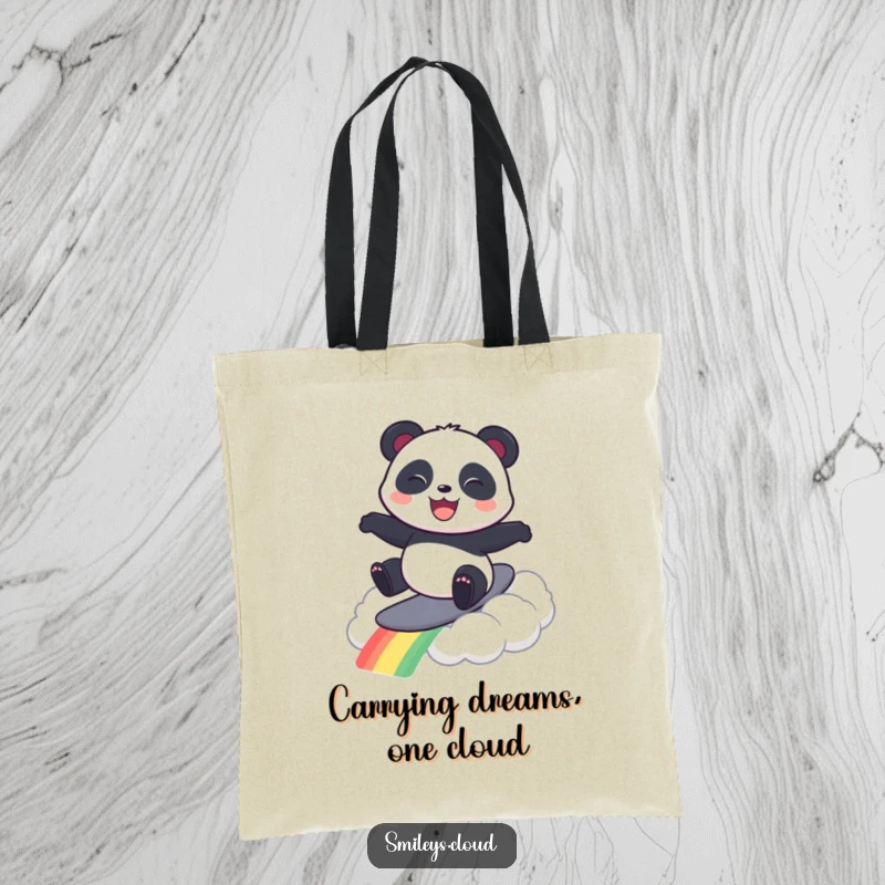 Funny tote bag with a delightful panda riding a rainbow cloud, smiling broadly, symbolizing fun and carefree vibes.
