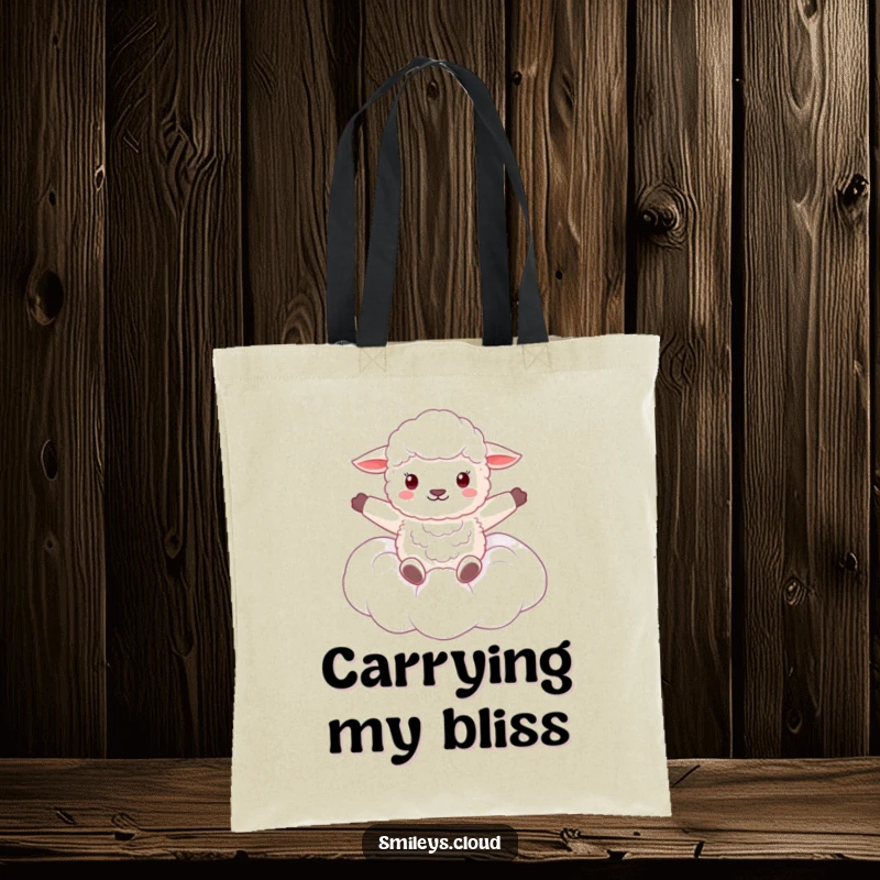 Funny tote bag showcasing a fluffy sheep joyfully floating on a cloud, arms spread wide in a picture of happiness.