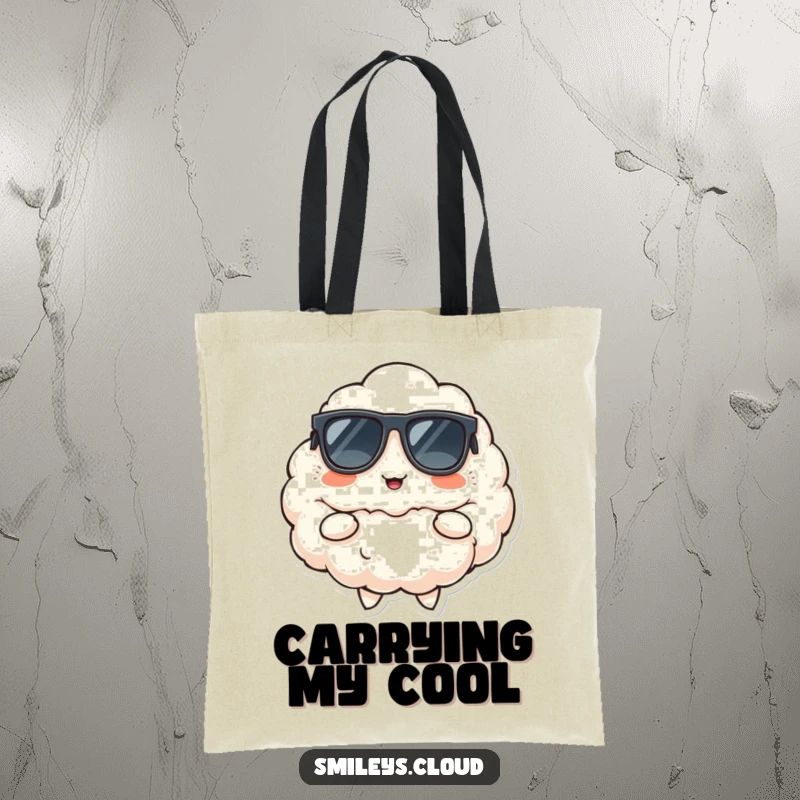 Funny tote bag showcasing a fluffy cloud wearing sunglasses, striking a cool pose with a cheerful, confident smirk.