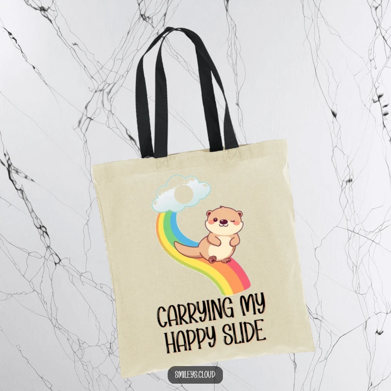 Funny happy otter sliding down a vibrant rainbow from a cloud, decorating this stylish and funny tote bag.