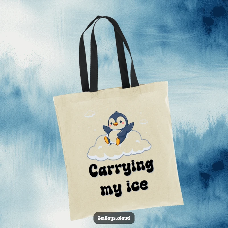 Funny tote bag with a peppy penguin joyfully sliding down a fluffy cloud slide, perfect for carrying fun items.