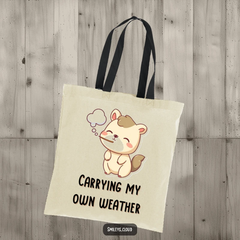 Funny tote bag showcasing a playful animal blowing a gentle puff of cloud-shaped air, symbolizing lightheartedness and cute charm.