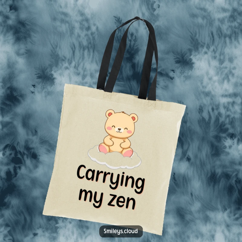 Funny tote bag with a cheerful meditating bear sitting on a fluffy cloud, ideal for carrying books or groceries.