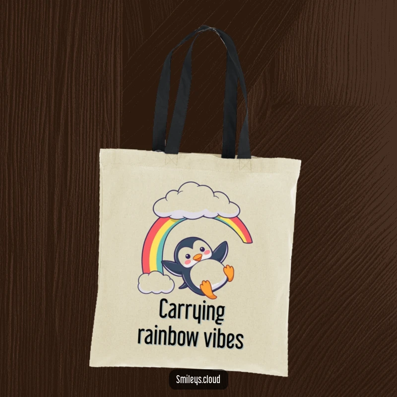 Funny Penguin Tote Bag: A playful penguin slides down a rainbow on this tote, a humorous and colorful bag for daily use.