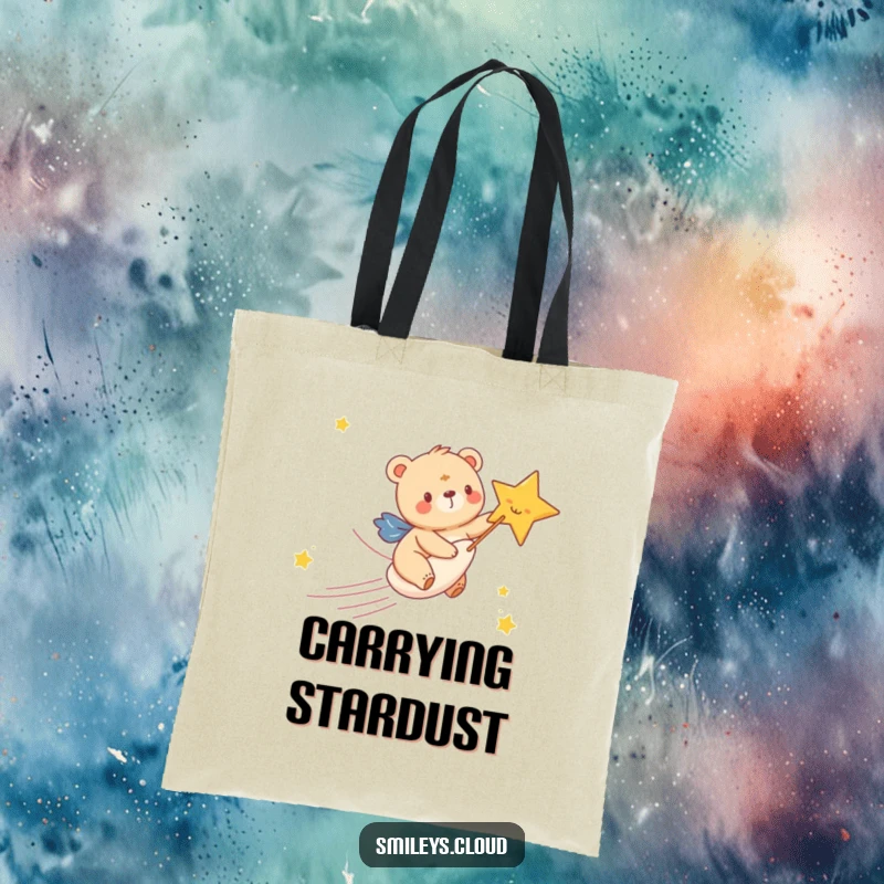 Funny tote bag featuring a happy bear cub gleefully riding a shooting star, ideal for carrying items with a cosmic, joyful vibe.