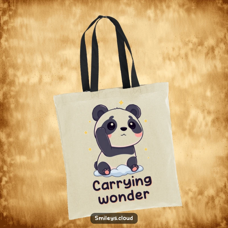 Funny panda tote bag showing a curious panda gazing at stars from a cloud, a humorous and practical accessory.