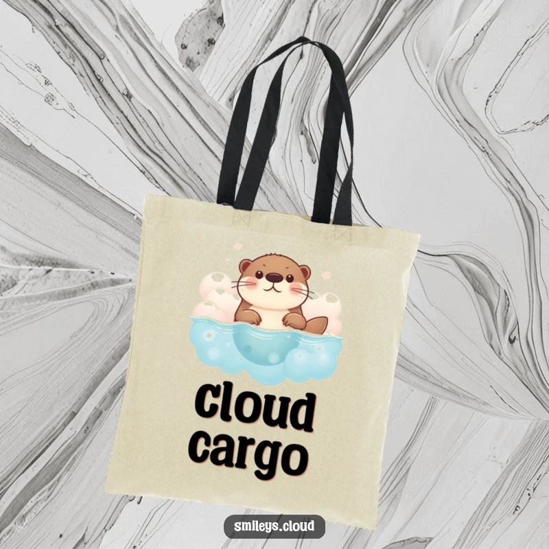 Funny brave otter tote bag showing an otter swimming through clouds, a humorous and practical accessory for carrying daily necessities.