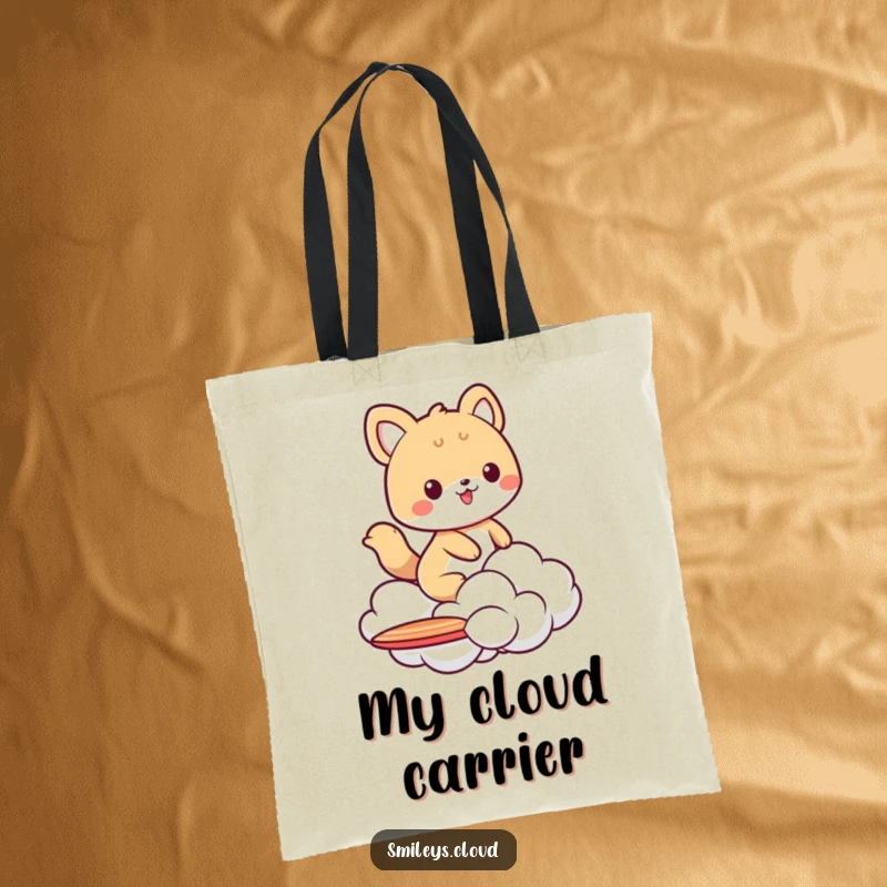 Funny tote bag depicting an animal character riding a fluffy cloud like a surfboard, perfect for carrying essentials with a humorous flair.