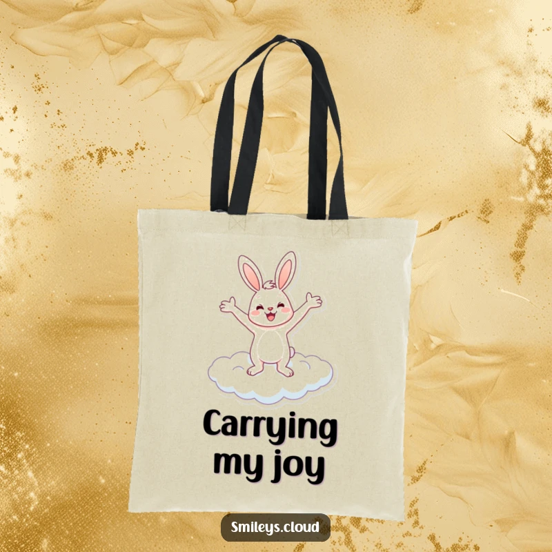 Funny tote bag design with a cheerful bunny balancing on a cloud, arms spread wide in funny celebration.