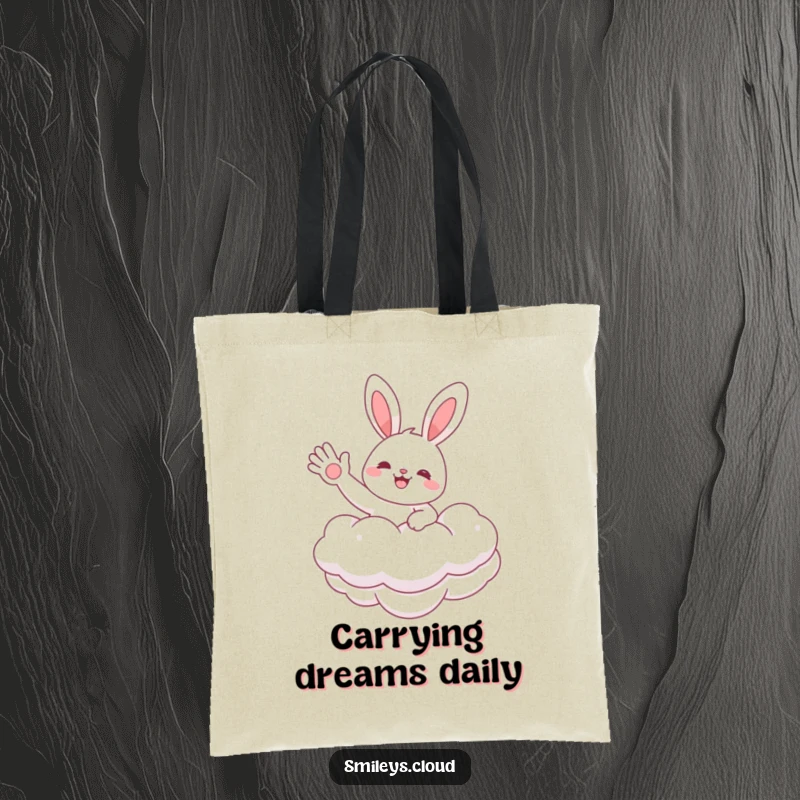 Funny tote bag with a cheerful bunny floating on a cloud, waving hello, perfect for carrying groceries or daily essentials with a smile.