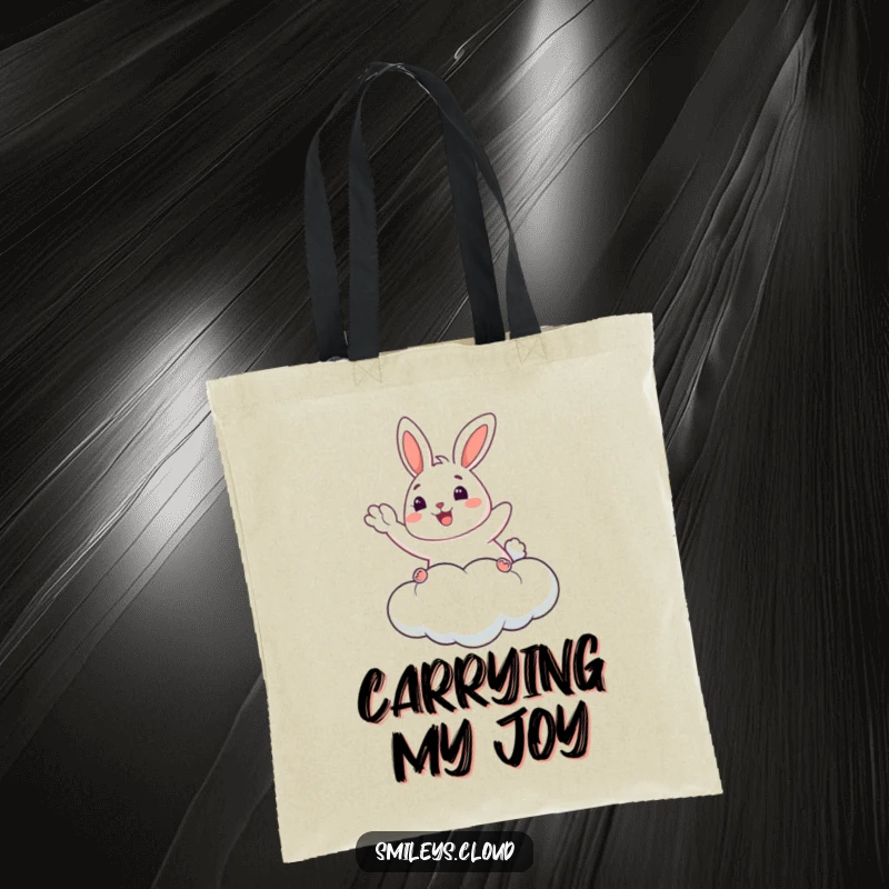 Funny Bunny Tote Bag: A happy bunny waves from a cloud on this tote, a humorous and cheerful bag for daily use.
