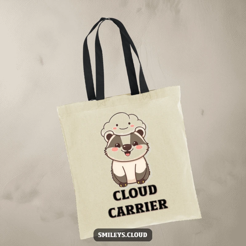 Funny cheerful badger tote bag showing a smiling badger and its cloud companion, a humorous accessory for carrying daily items.