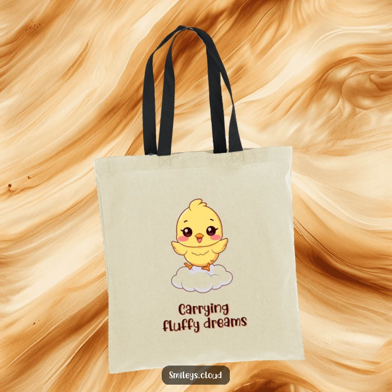 Funny chick tote bag showing a happy chick hopping on a cloud, a humorous and practical accessory.