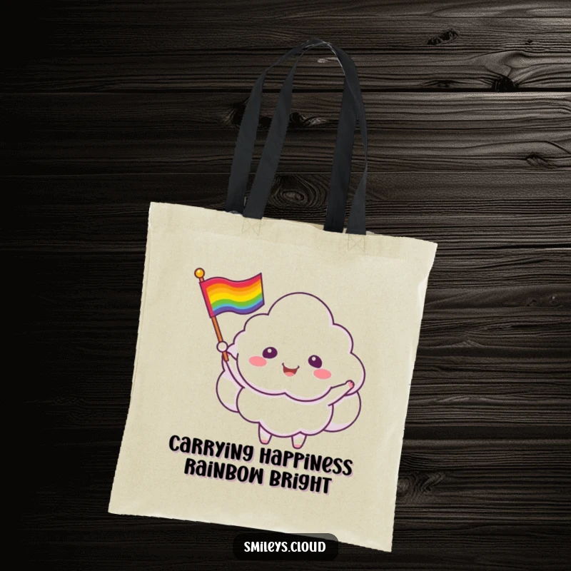 Funny cloud critter tote bag depicting a smiling cloud character waving a vibrant rainbow flag, perfect for carrying items.