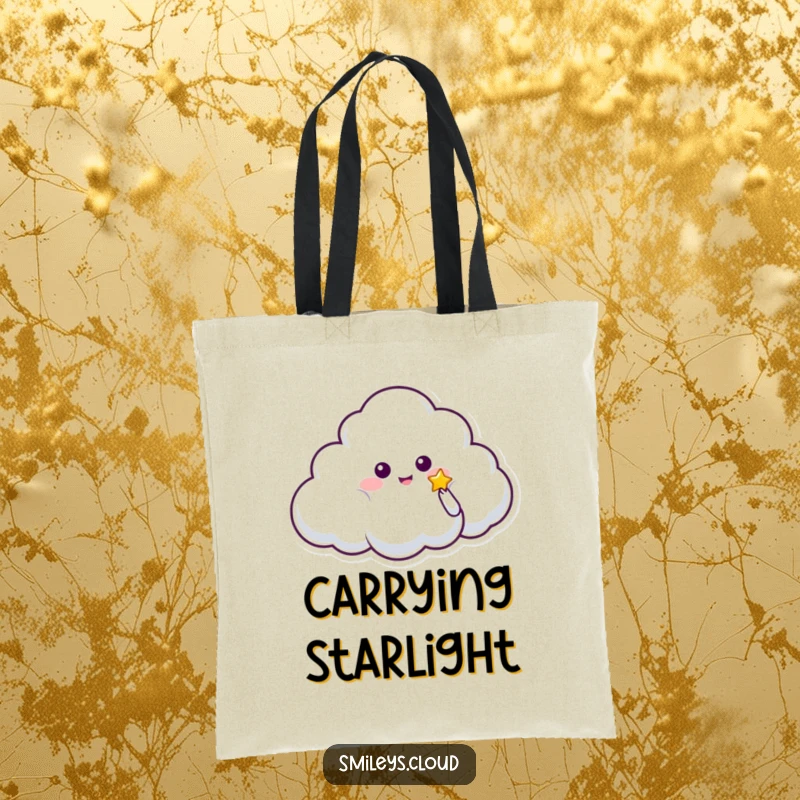 Funny tote bag showing a cloud character with an open hand offering a tiny, glowing star, perfect for carrying items with a magical touch.
