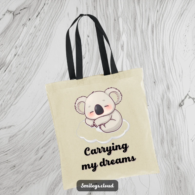 Funny tote bag with a contented koala napping on a soft white cloud, symbolizing peace and relaxation on the go.