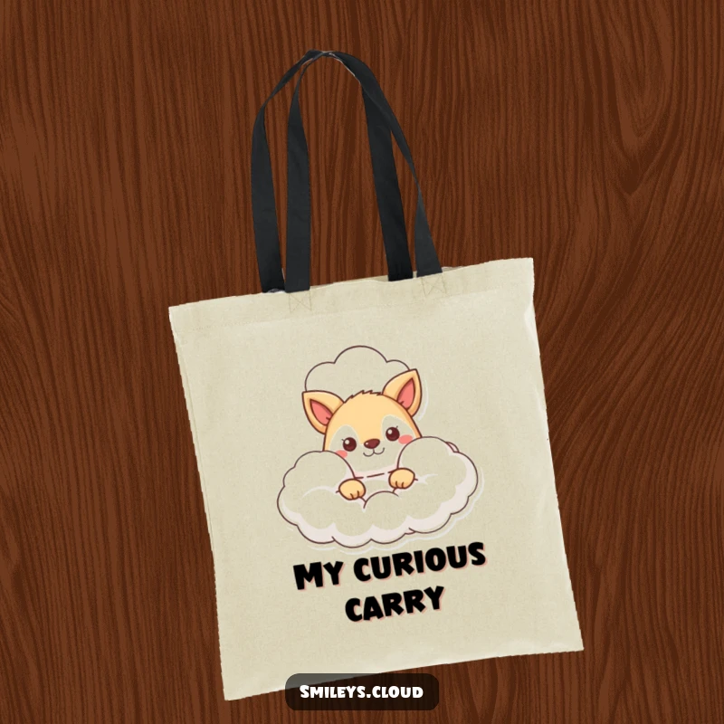 Funny tote bag showcasing an animal character curiously peeking out from behind a soft, fluffy cloud, inviting exploration.