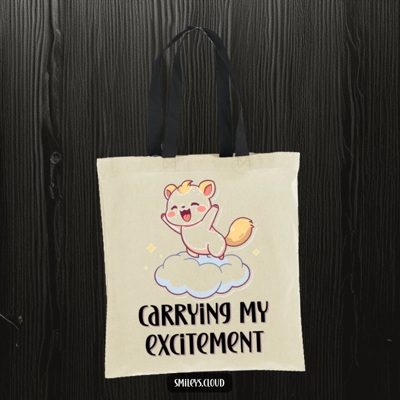 Funny tote bag showing a spirited animal joyfully bouncing on a cloud, perfect for carrying essentials with personality.