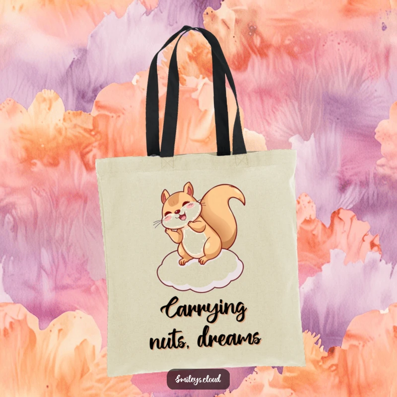 Funny Squirrel tote bag displaying a giggling squirrel doing a flip on a cloud cushion, a humorous and functional accessory for everyday use.