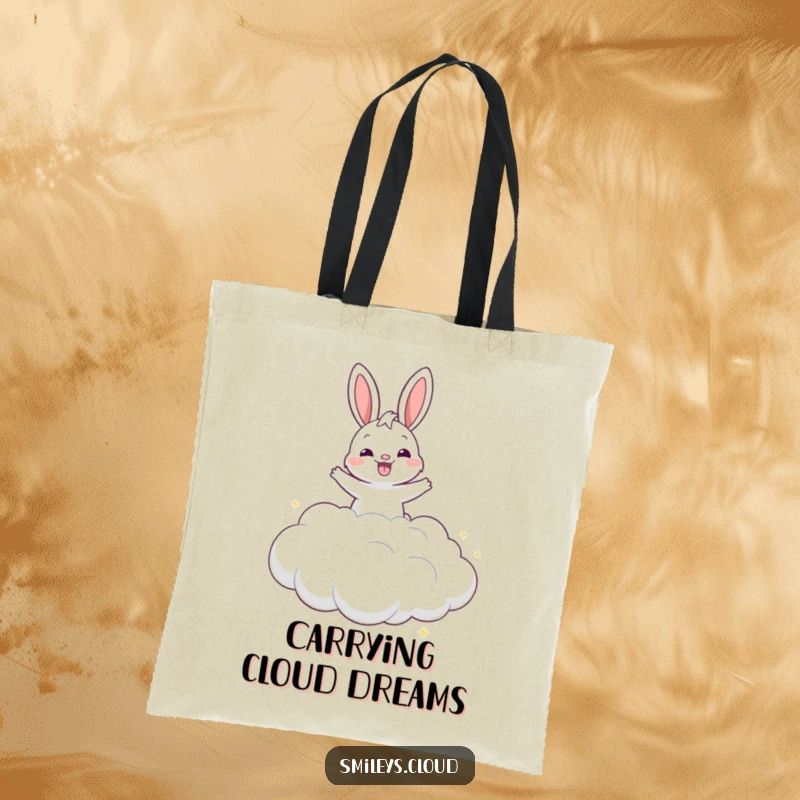 Funny grinning bunny joyfully bouncing on a cloud on a durable tote bag, perfect for carrying everyday items.