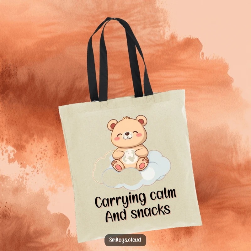 Funny meditating bear tote bag showing a contented bear meditating on a cloud, perfect for daily errands.
