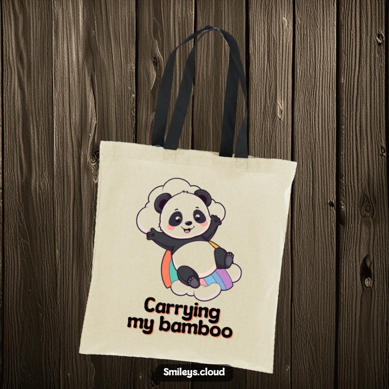 Funny Panda tote bag displaying a playful panda sliding down a rainbow from a cloud, a humorous and functional accessory for everyday use.