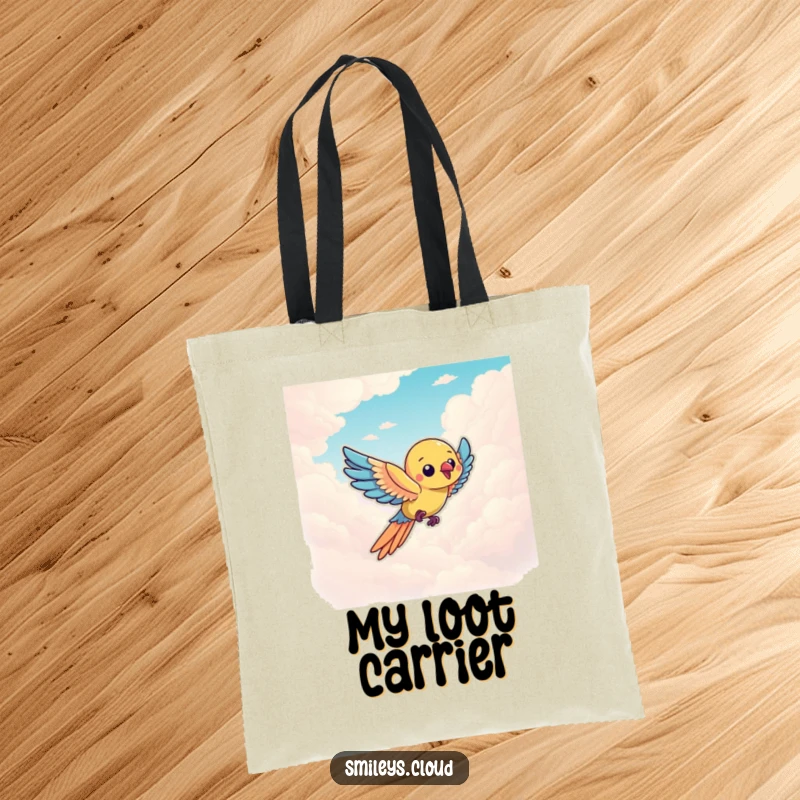 Funny parrot character flying through a cloudy sky, a vibrant and humorous addition to this practical tote bag.