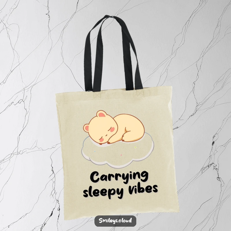 Funny tote bag showing a content animal peacefully sleeping on a cloud, perfect for carrying essentials with a relaxed vibe.