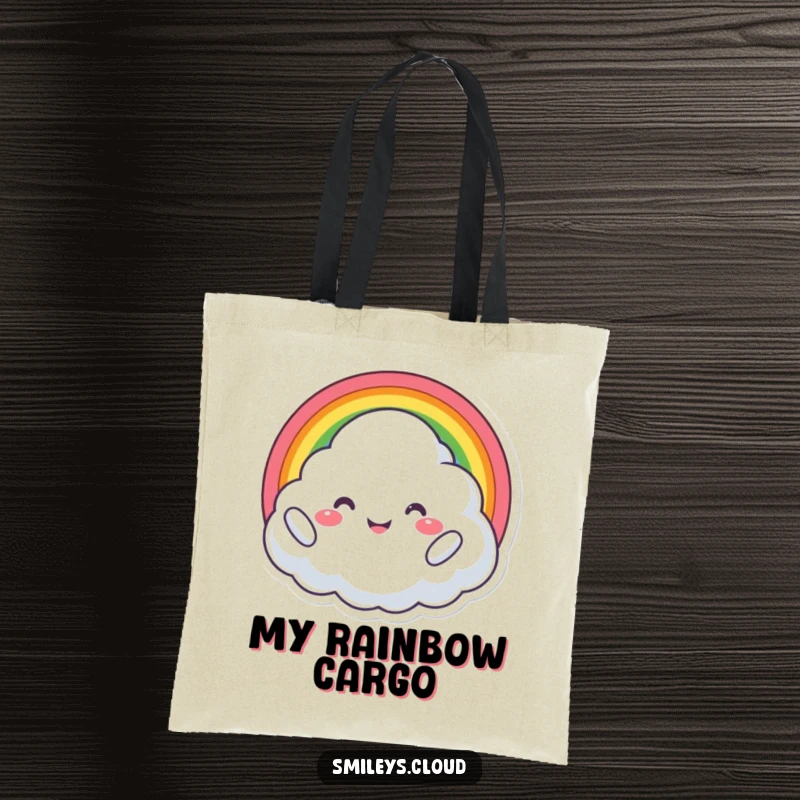 Funny tote bag showcasing a proud cloud character beaming with joy while holding a beautiful, colorful rainbow.